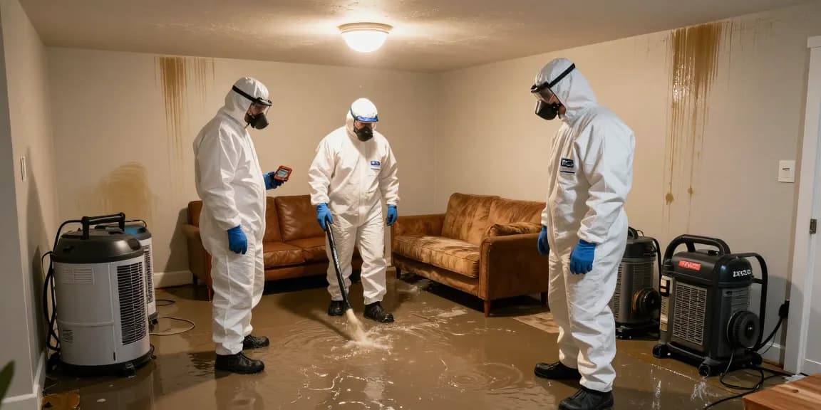 Water Damage Restoration West Vancouver team extracting water from a flooded basement with professional equipment.
