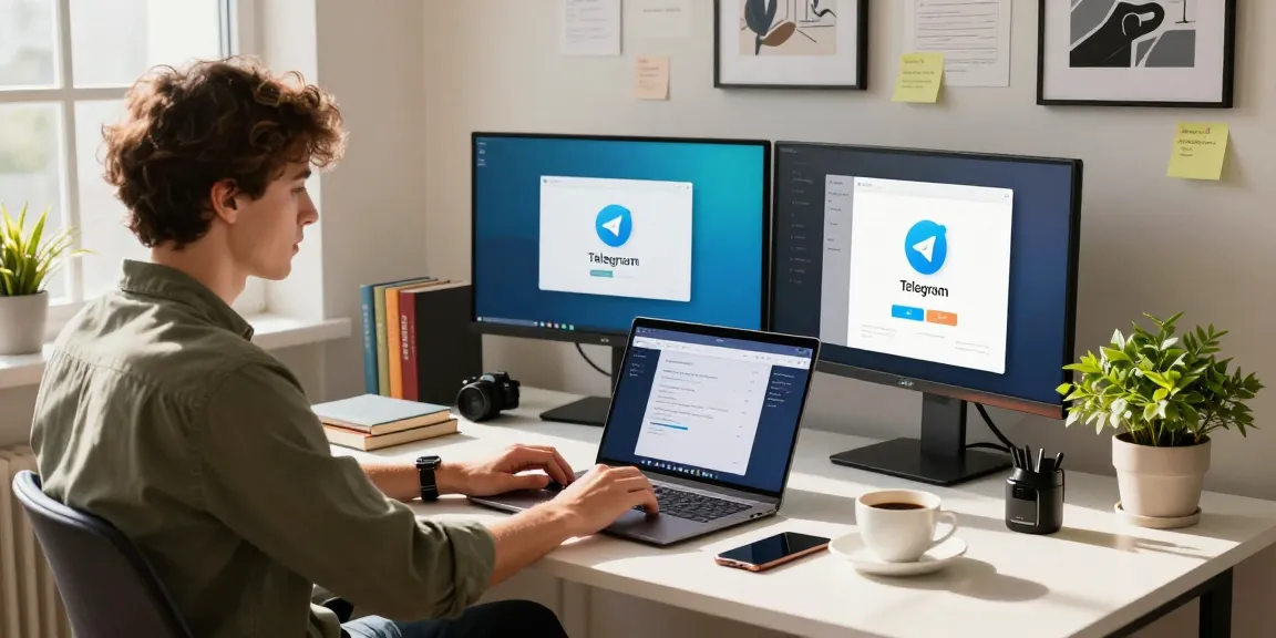 Seamless Telegram download experience in a modern workspace with laptop and dual monitors showcasing Telegram's features.