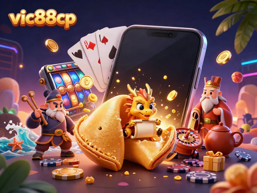 Experience wins at vic88cp, a vibrant casino scene with a golden fortune cookie and dynamic slot game elements.
