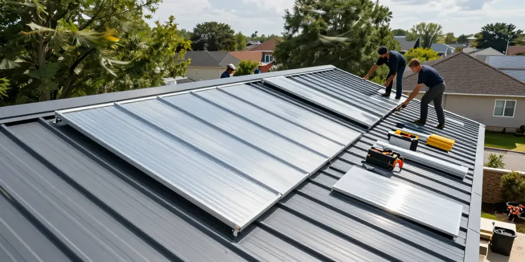 Metal roofing installation with construction team on a sunny day.