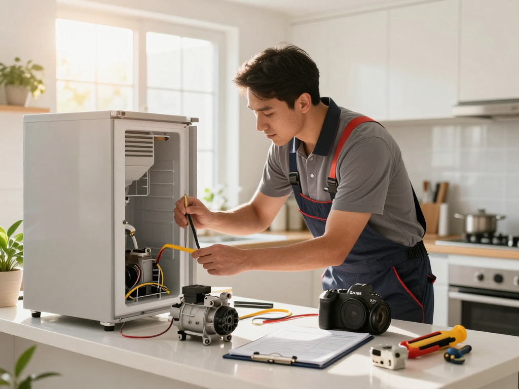 Appliance repair company technician fixing a refrigerator in a bright kitchen.