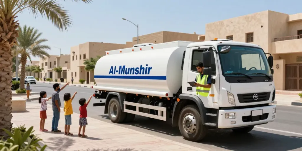 Water delivery service in Al-Munshir featuring وايت ماء المونسية, with a driver ready to distribute fresh water to residents.