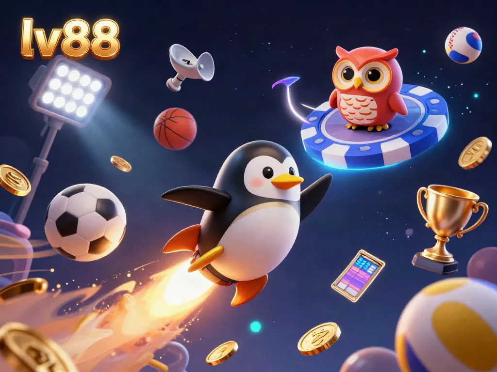 Engage in thrilling gameplay at lv88 with a rocket-powered penguin and sports elements amid dynamic casino visuals.