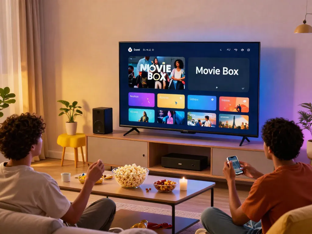 Friends enjoying a movie night with the Movie Box app on TV, cozy living room atmosphere.
