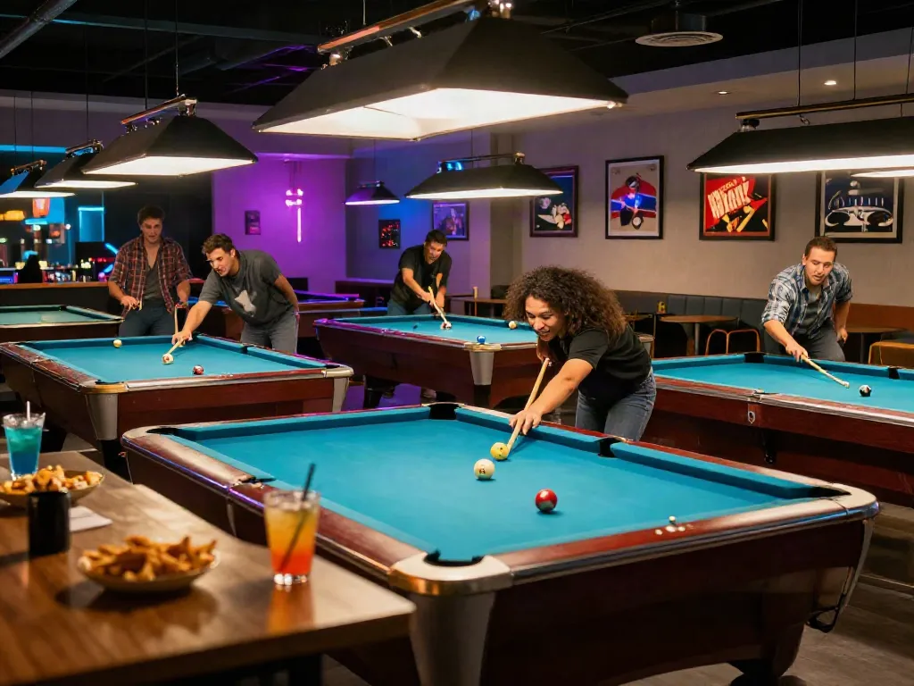 Friends enjoying a game at a pool hall Mississauga, with cocktails and neon lighting.