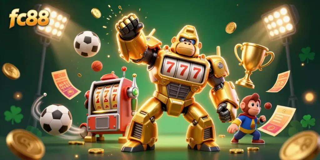 Experience the thrill of fc88 with a golden gorilla mech and flying sports elements in dynamic action.