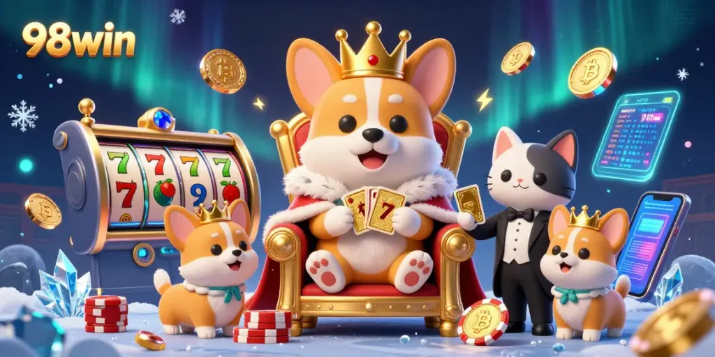 Bet on exciting games with 98win's royal theme featuring a corgi throne and crypto elements.