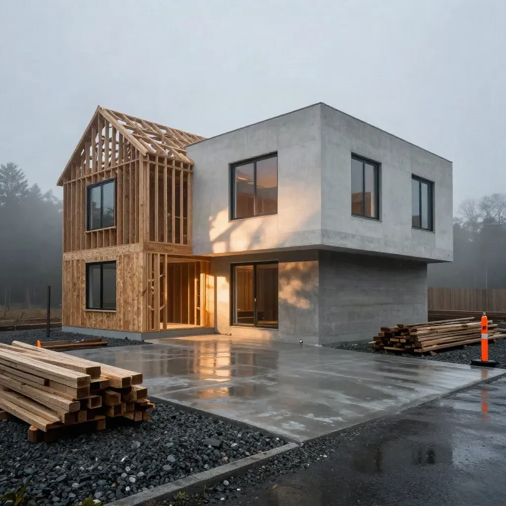 Rain-slick custom home under construction with cedar framing, trusses and dawn mist.