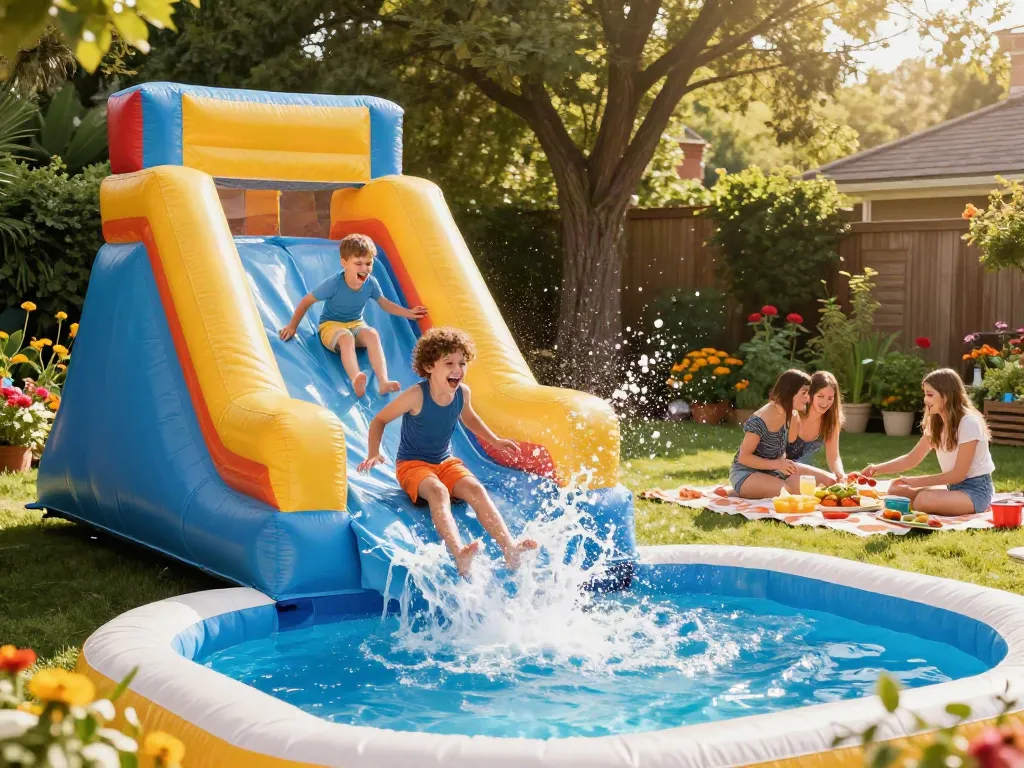 Kids enjoying a colorful water slide in a sunny backyard, making summer memories.
