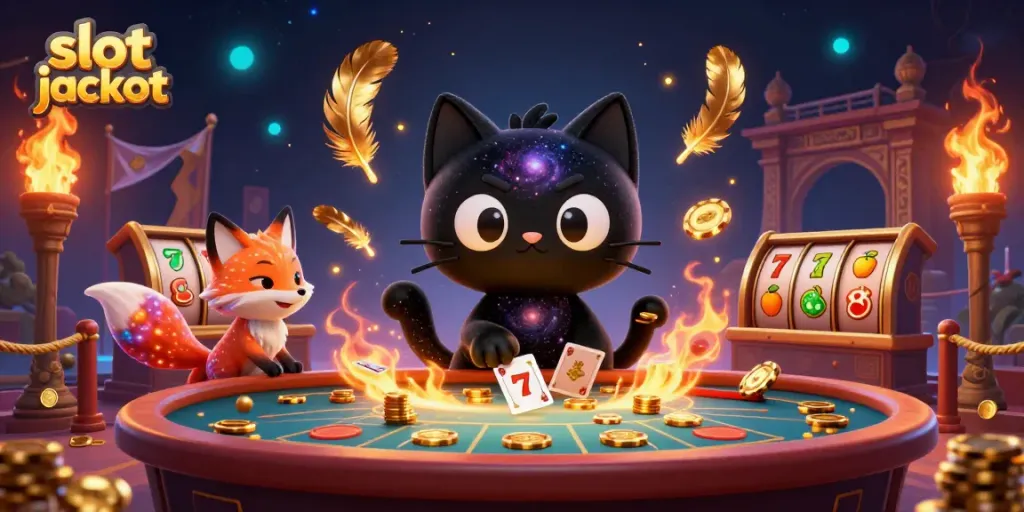 Engage in the thrilling atmosphere of slot jackpot gaming with vibrant characters, golden tokens, and cosmic visuals.