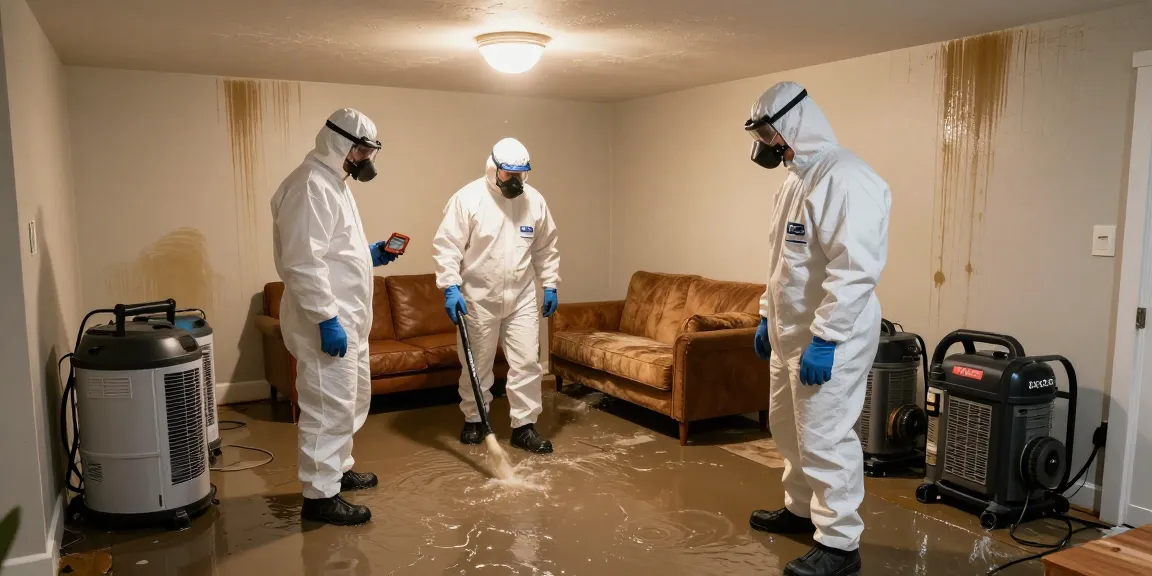 Water Damage Restoration West Vancouver team extracting water from a flooded basement with professional equipment.