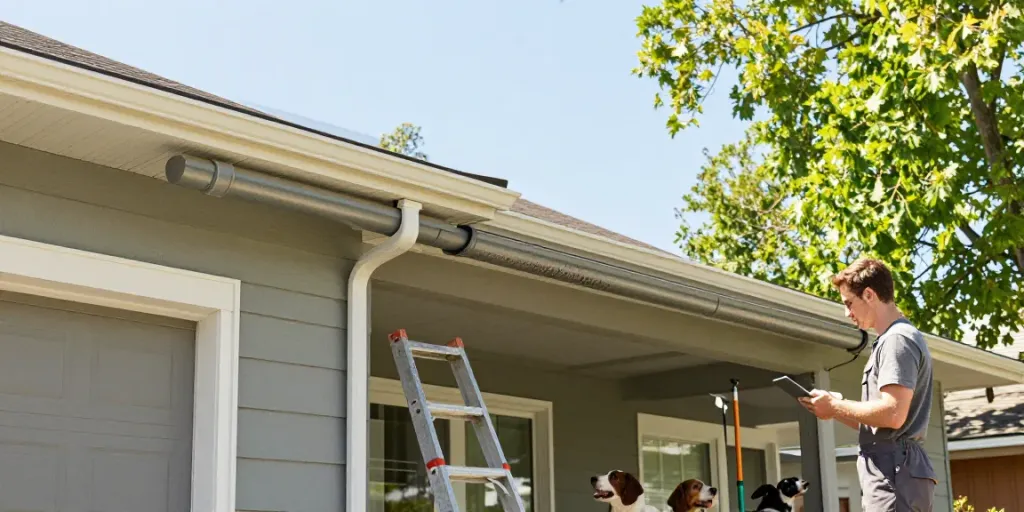 Spokane gutter cleaning scene with a homeowner inspecting clean gutters on a sunny day.