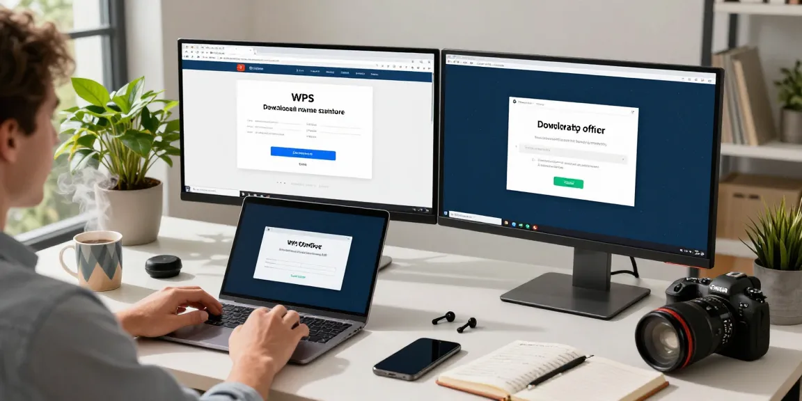 WPS Download software installation in a modern workspace with dual monitors.
