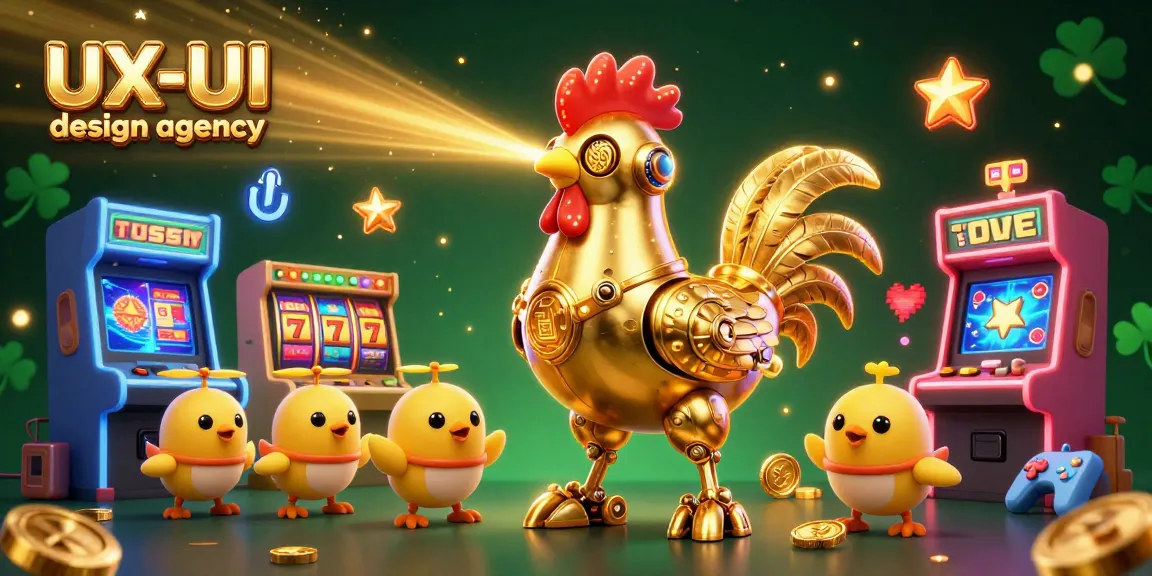 Engage with this exciting UX/UI design agency illustration featuring a golden rooster robot and baby chick drones amidst dynamic casino elements.